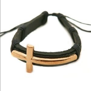 NEW FAUX LEATHER BRACELET GOLD CROSS BROWN
